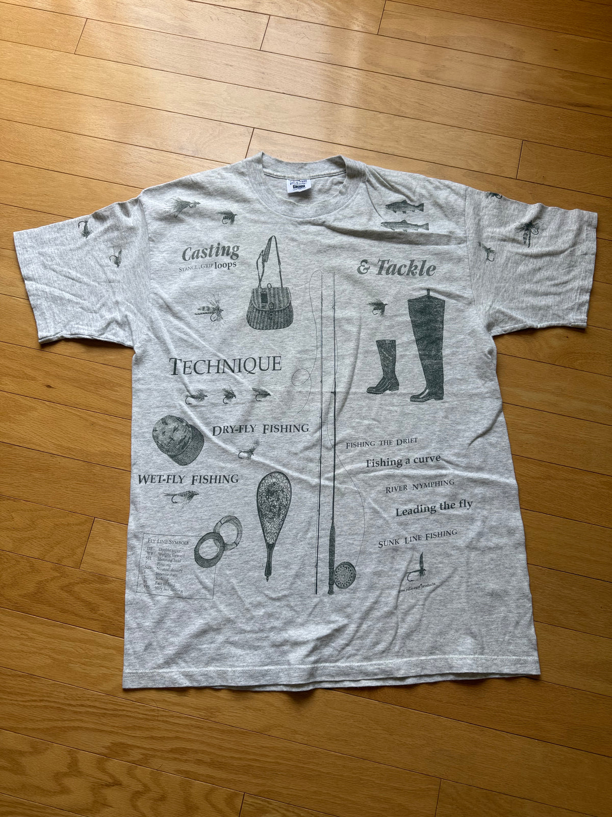 Vintage AOP Fly Fishing Essentials Tee. Size XL