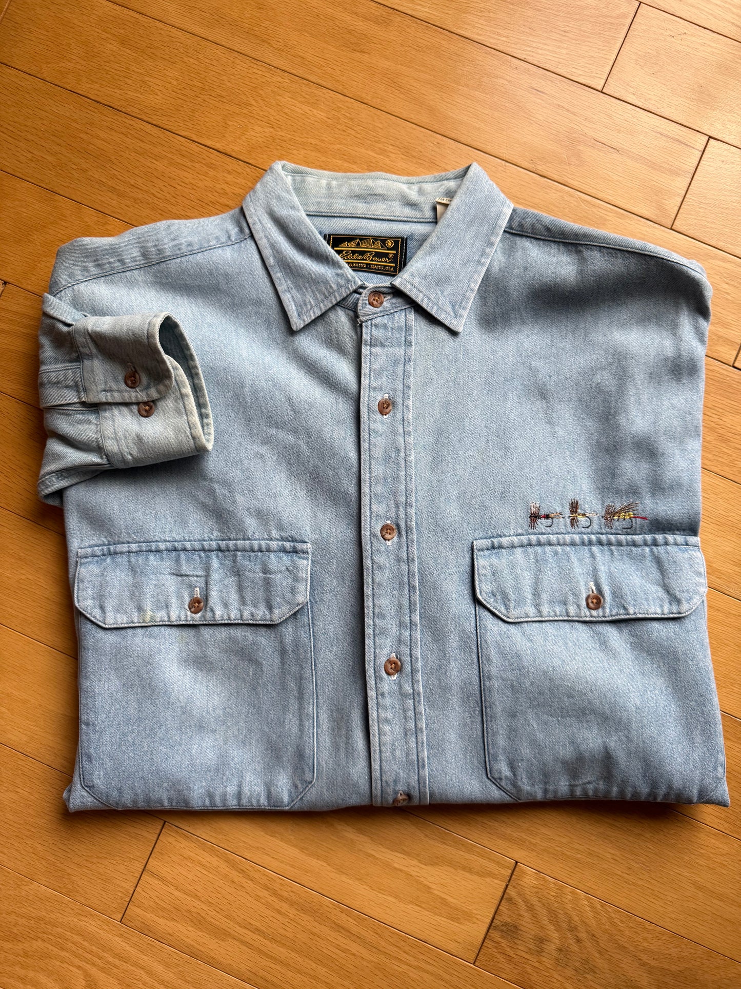 Vintage Eddie Bauer Embroidered Flies Denim Shirt