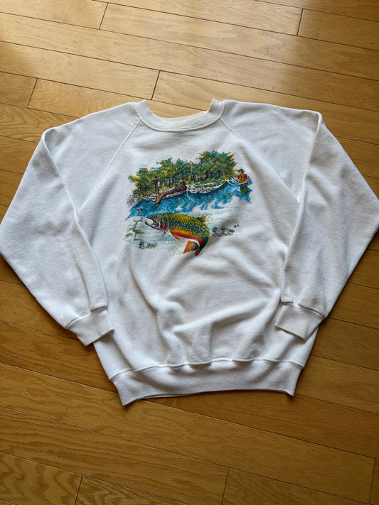 Vintage 1988 Brook Trout Paint Print Sweatshirt. Size M