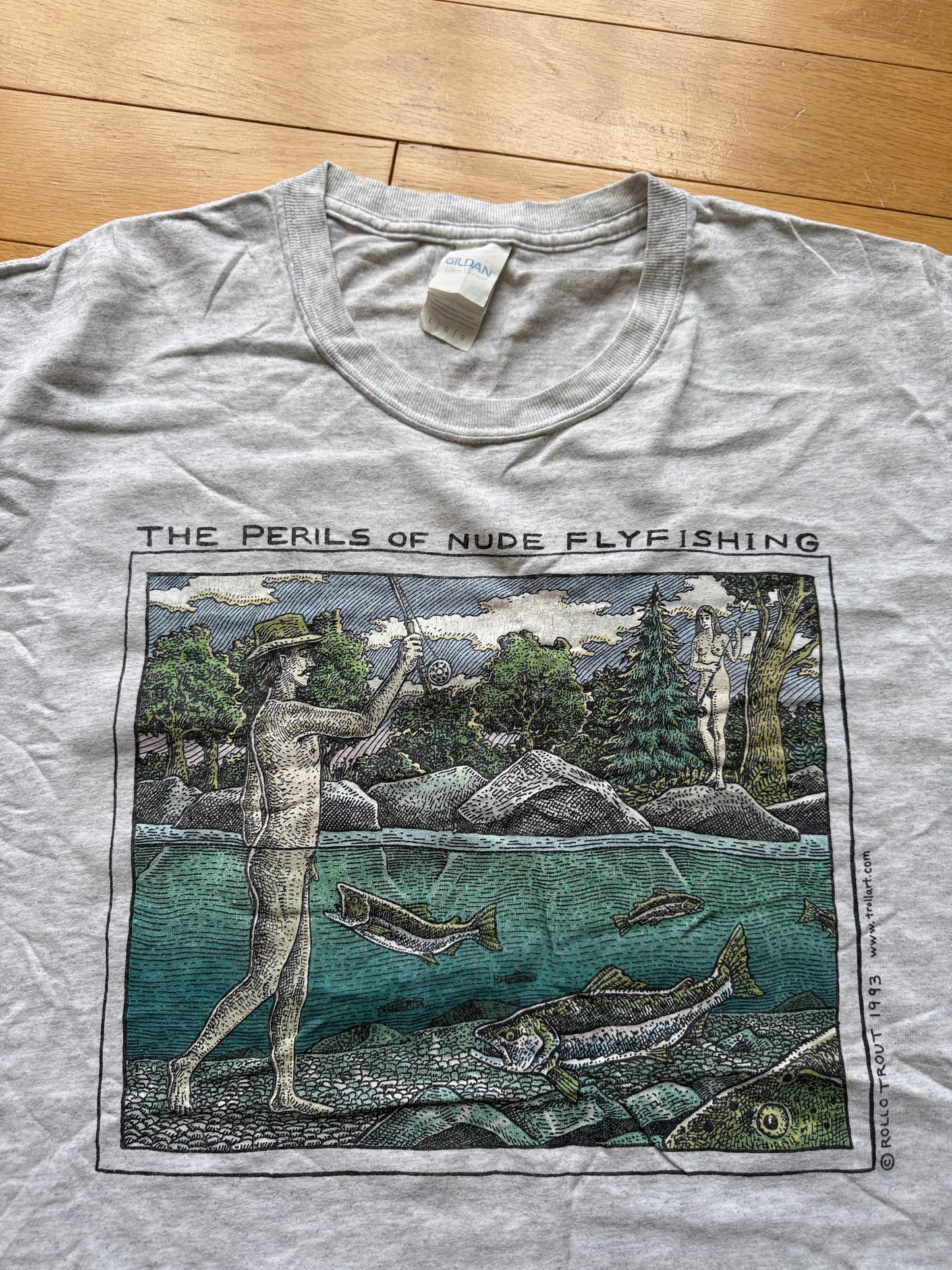 Vintage Ray Troll Perils of Nude Flyfishing Tee. Size L