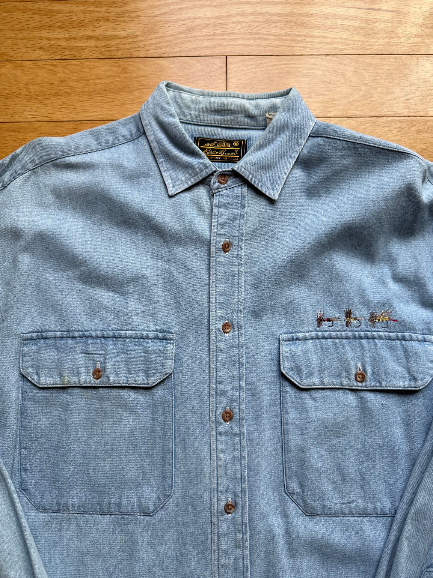Vintage Eddie Bauer Embroidered Flies Denim Shirt
