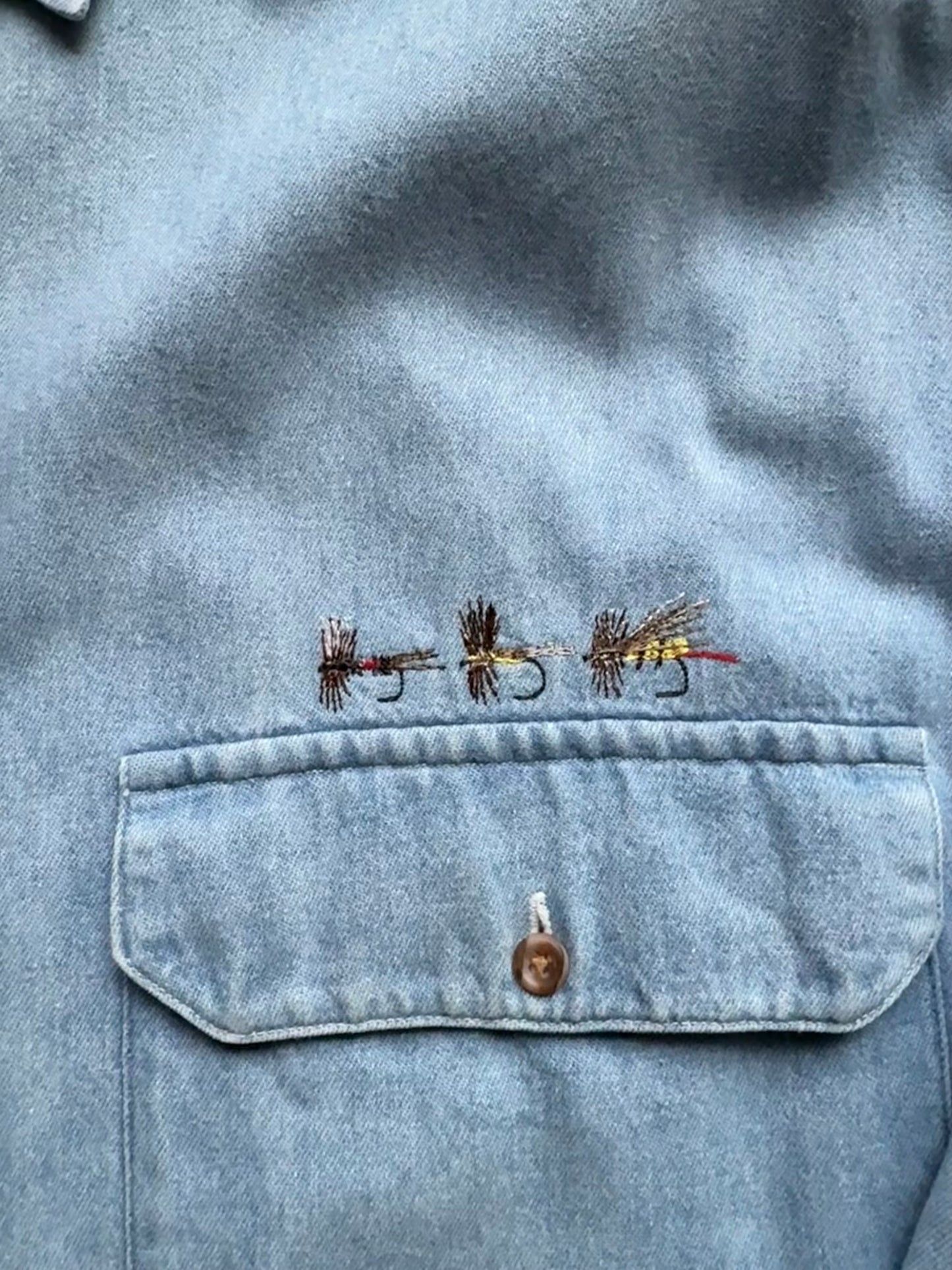 Vintage Eddie Bauer Embroidered Flies Denim Shirt