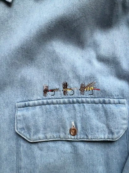 Vintage Eddie Bauer Embroidered Flies Denim Shirt