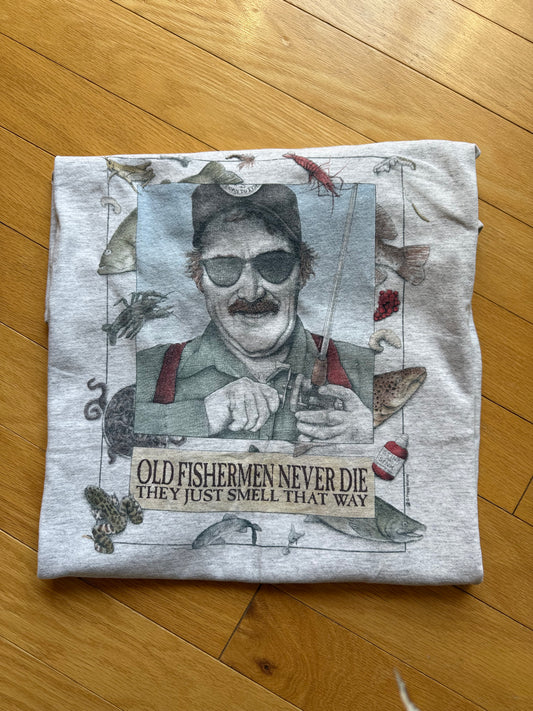 Vintage Peggy Murray Old Fisherman Never Die Tee. Size XXL