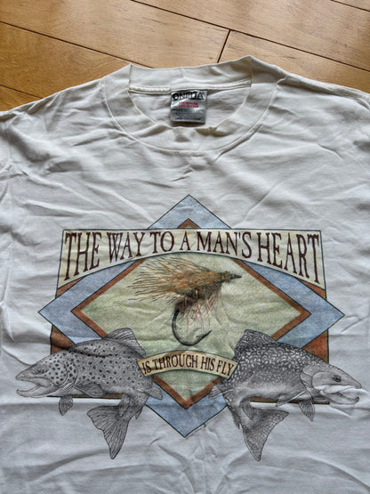 Vintage Peggy Murray Way To A Man's Heart Trout Tee. Size L