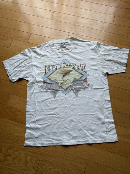 Vintage Peggy Murray Way To A Man's Heart Trout Tee. Size L