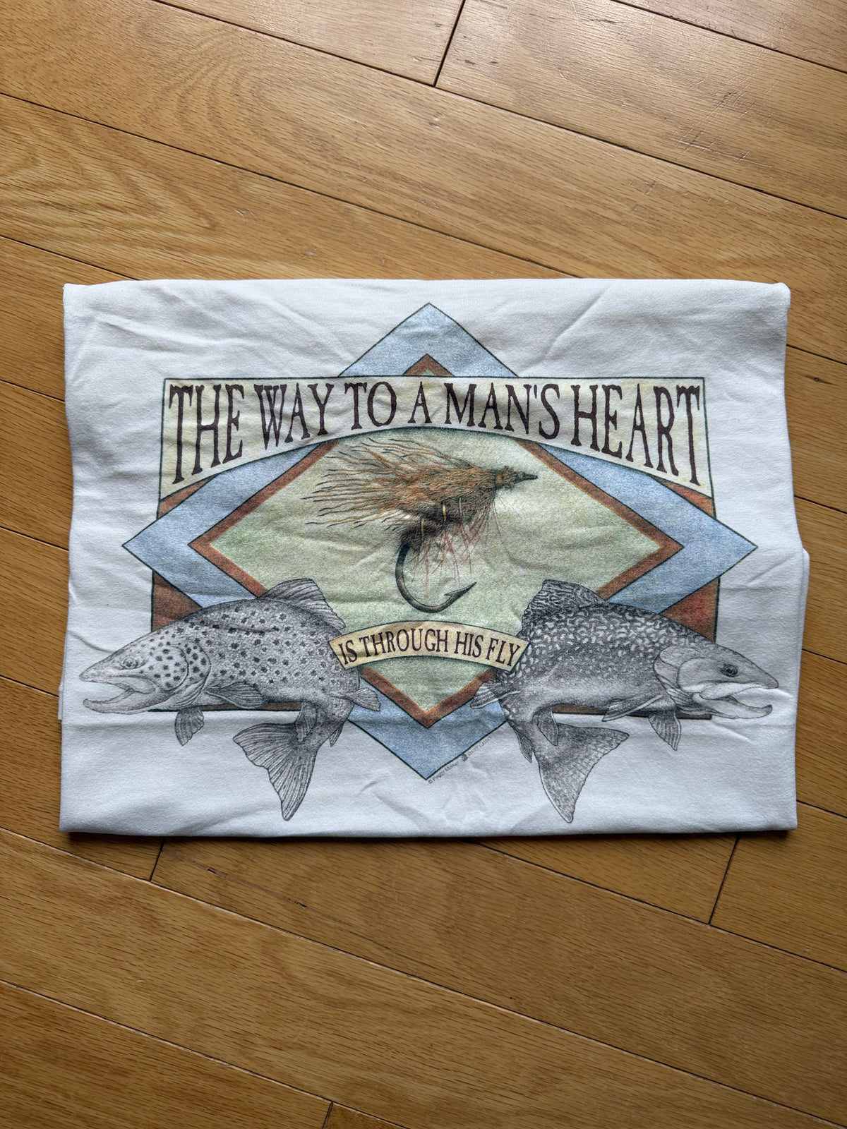 Vintage Peggy Murray Way To A Man's Heart Trout Tee. Size L